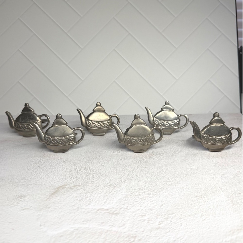 Set of 6 Teapot Napkin Rings Silver Tone Metal Celtic Knot Table Decor Vintage